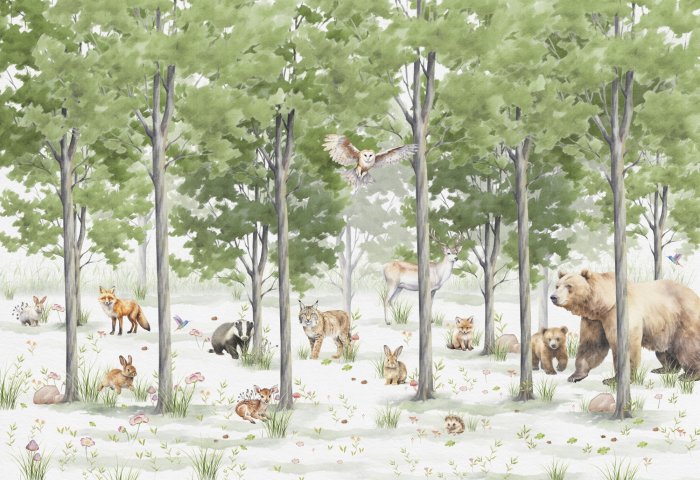 Papier peint  Paysage forestier avec des animaux sauvages