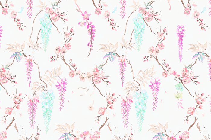 Papier peint  Fleurs de cerisier et feuilles sur un fond délicat