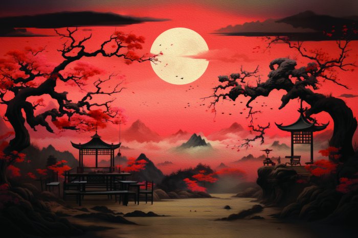 Papier peint  Paysage japonais au coucher du soleil