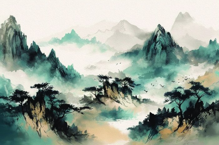 Papier peint  Panorama des montagnes asiatiques dans le brouillard