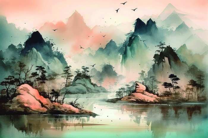 Papier peint  Paysage de montagnes avec un lac à l'aquarelle