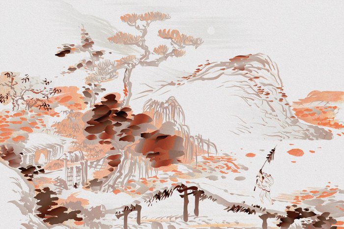 Papier peint  Aquarelle d'un jardin japonais