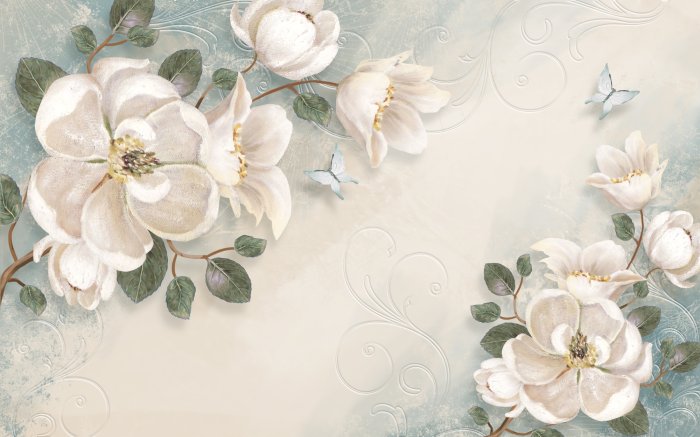 Papier peint  Fleurs blanches et papillons bleus parmi des ornements