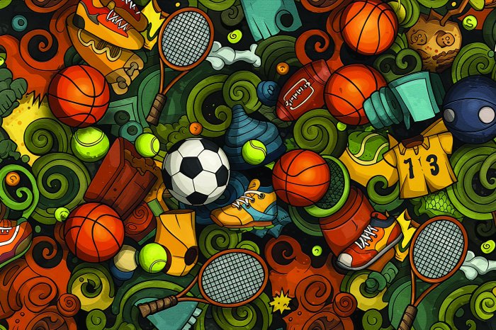 Papier peint  Motif jeunesse avec ballons et chaussures dans un style sportif