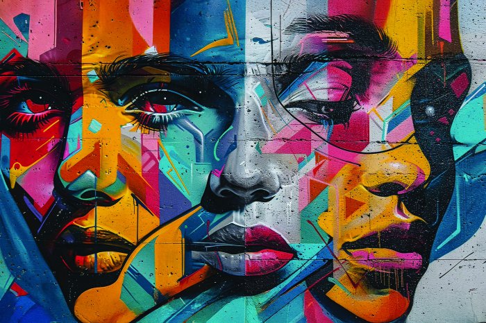 Papier peint  Fresque murale avec art urbain et visage de femme