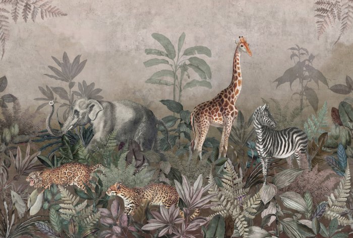 Papier peint  Animaux sauvages de safari parmi les plantes tropicales dans la jungle