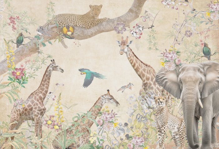 Papier peint  Animaux sauvages parmi des fleurs colorées