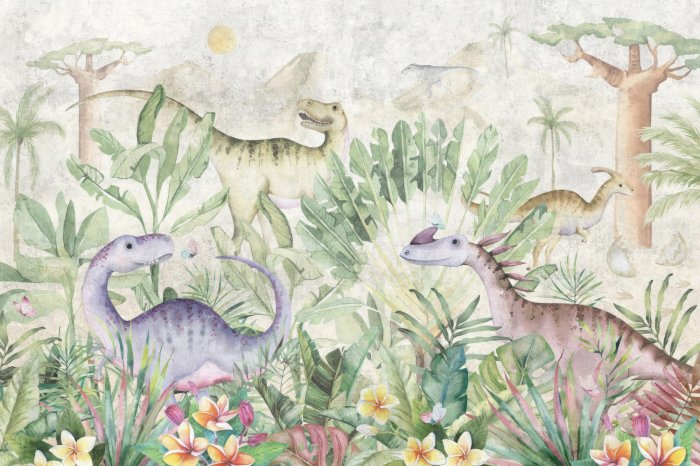 Papier peint  Dinosaures colorés dans la végétation tropicale