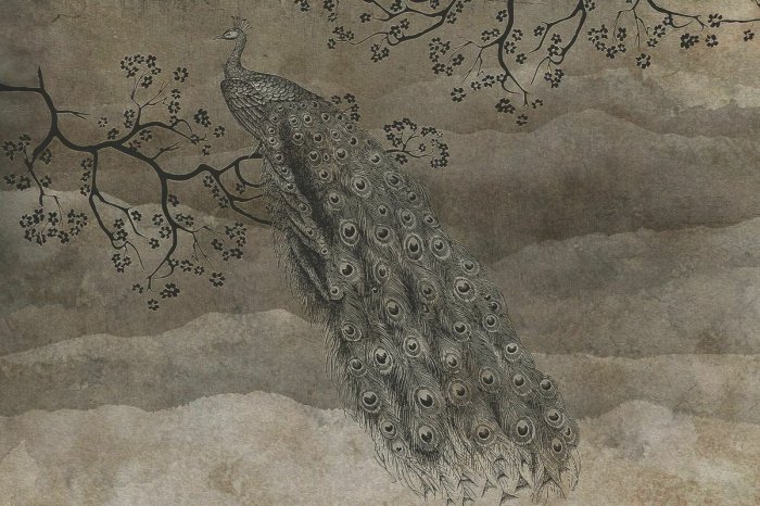 Papier peint  Magnifique paon sur une branche sur fond marron texturé