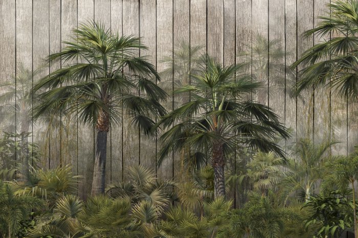 Papier peint  Palmiers et verdure tropicale sur fond de planches en bois