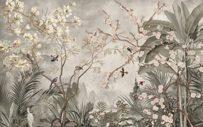 Papier peint  Oiseaux dans la jungle tropicale et parmi les feuilles exotiques