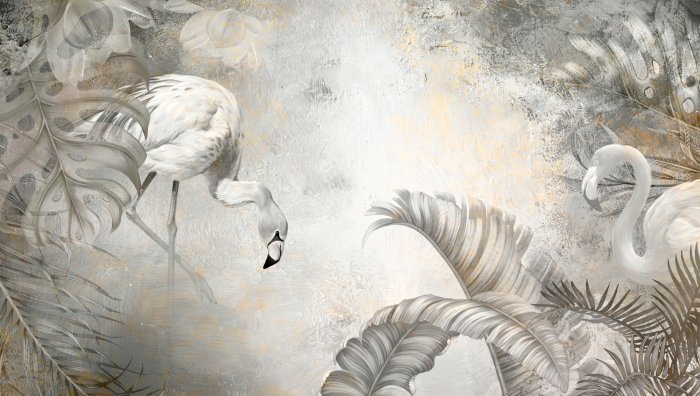 Papier peint  Flamants roses et feuilles tropicales sur fond de béton