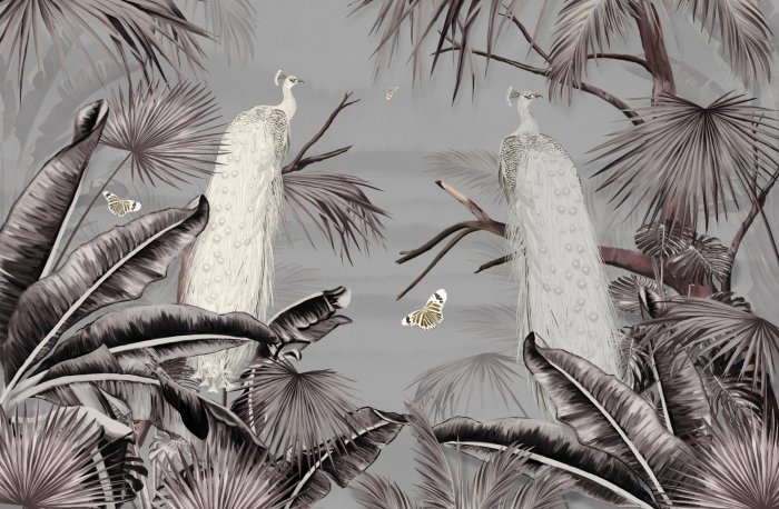 Papier peint  Paons dans un paysage tropical