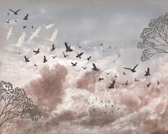 Papier peint  Légers pissenlits et oiseaux sur un fond de ciel pastel