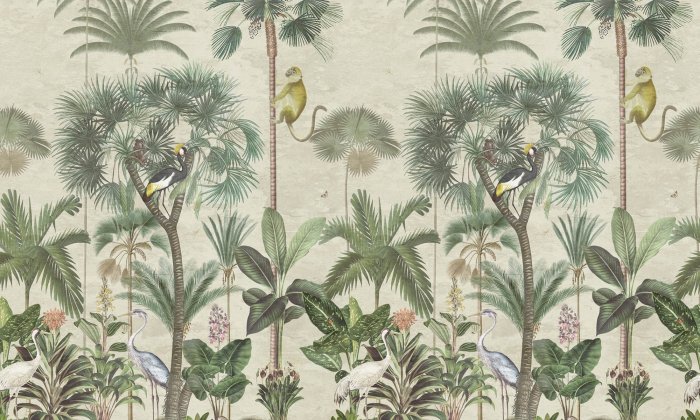 Papier peint  Singes et oiseaux exotiques dans la jungle tropicale