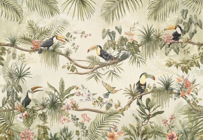 Papier peint  Toucans et colibris parmi les plantes exotiques