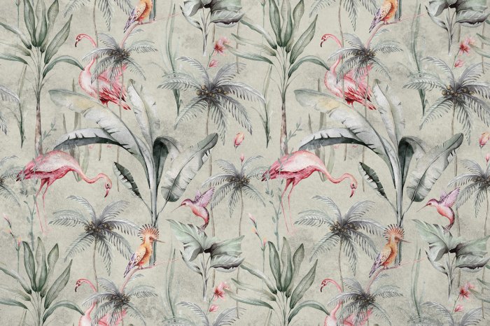 Papier peint  Oiseaux exotiques parmi les plantes tropicales