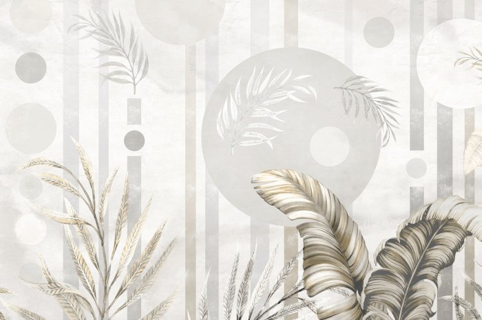 Papier peint  Feuilles exotiques sur un fond avec des formes géométriques