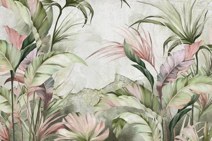 Papier peint  Paysage tropical feuilles pastel sur fond en béton