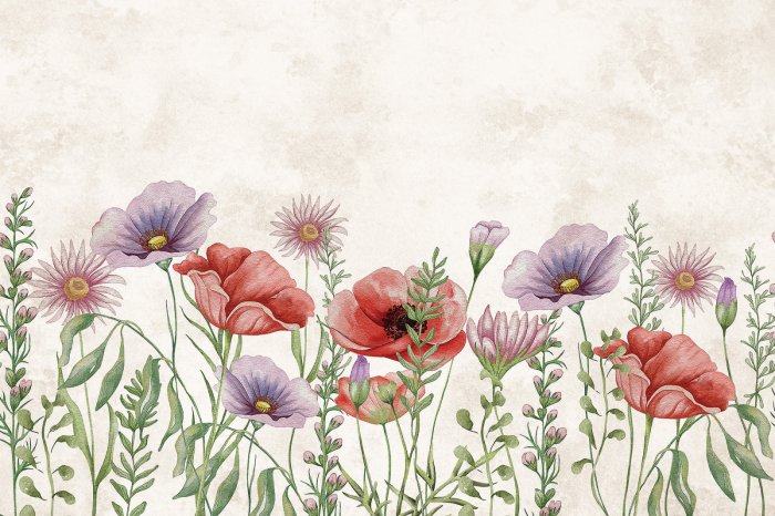 Papier peint  Coquelicots et fleurs des champs en aquarelle dans des tons de violet et de rose