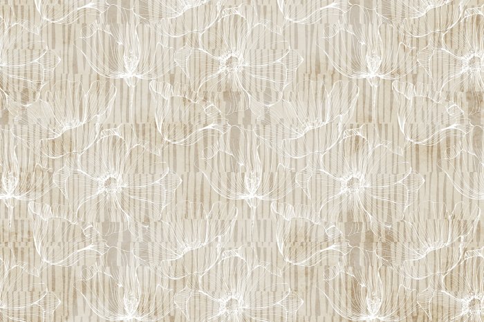 Papier peint  Fleurs de pavot blanches en style dessin au trait sur fond géométrique