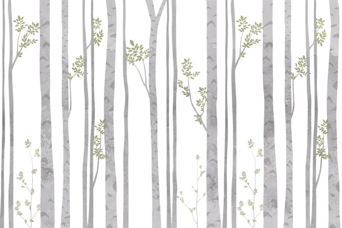 Papier peint  Bouleaux en aquarelle avec des feuilles vertes