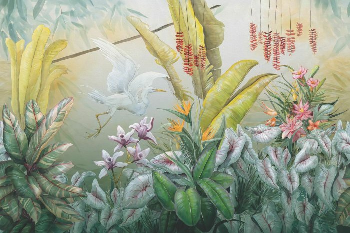 Papier peint  Fleurs exotiques et un oiseau blanc dans un décor tropical