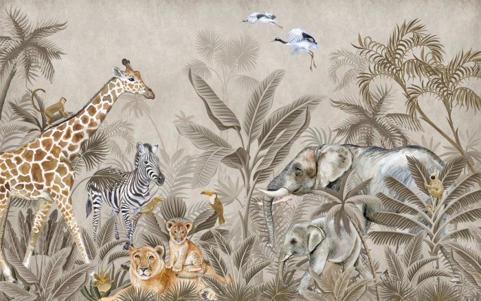 Papier peint  Jungle pittoresque avec des animaux mignons et des plantes