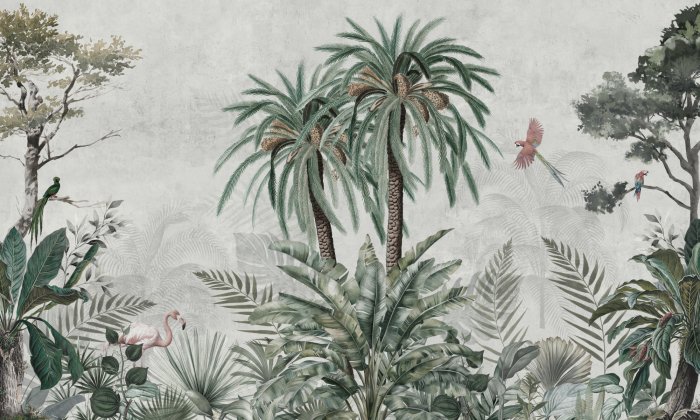 Papier peint  Jungle verte avec faune et flore exotiques