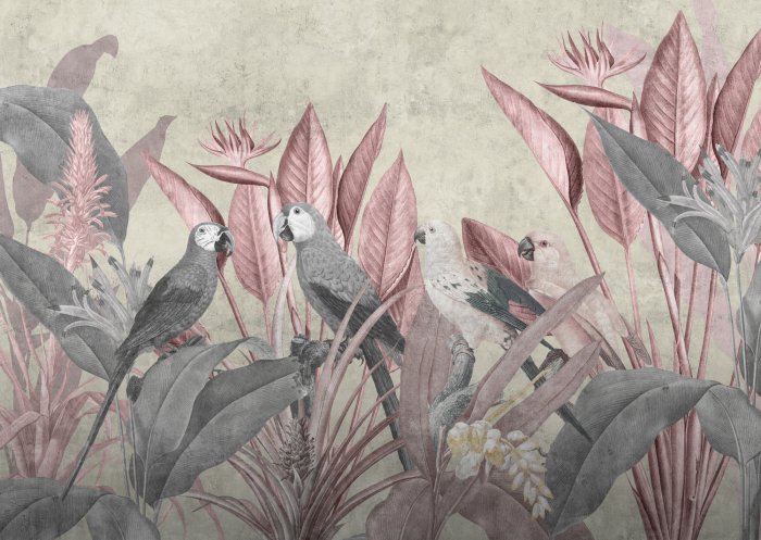 Papier peint  Perroquets sur fond de plantes tropicales