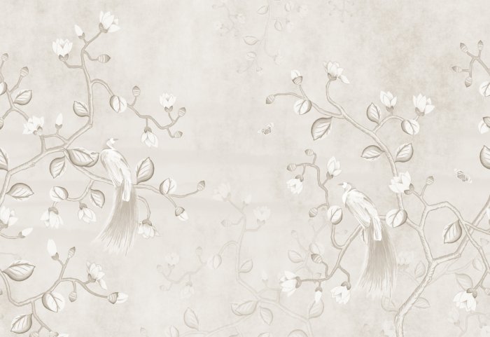 Papier peint  Motif beige avec des oiseaux sur des branches de magnolia
