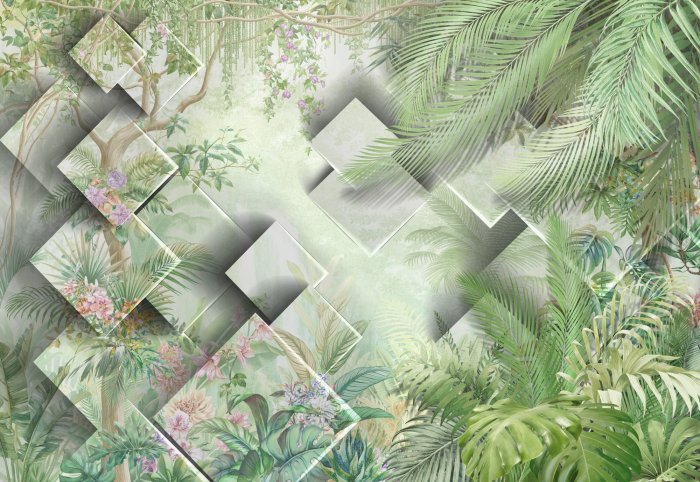 Papier peint  Paysage de jungle verte avec géométrie 3D moderne