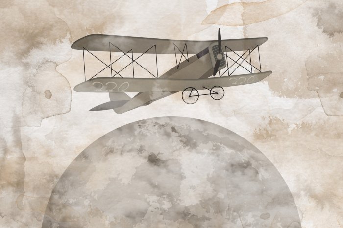 Papier peint  Lune et avion dans une illustration aquarelle pastel