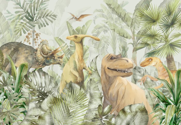Papier peint  Jungle tropicale avec des dinosaures en aquarelle