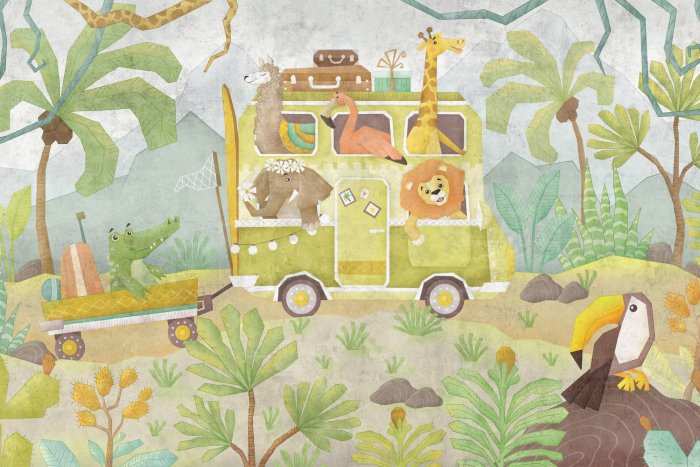 Papier peint  Bus de safari avec de jolis animaux dans la jungle