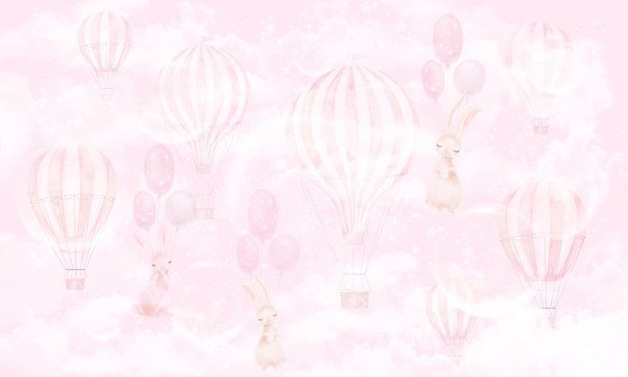 Papier peint  Lapins avec des ballons sur un ciel rose en aquarelle