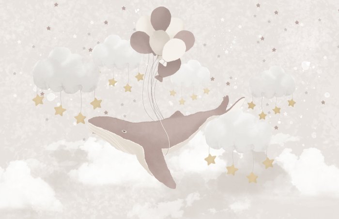Papier peint  Baleine volante avec des ballons parmi les étoiles et les nuages