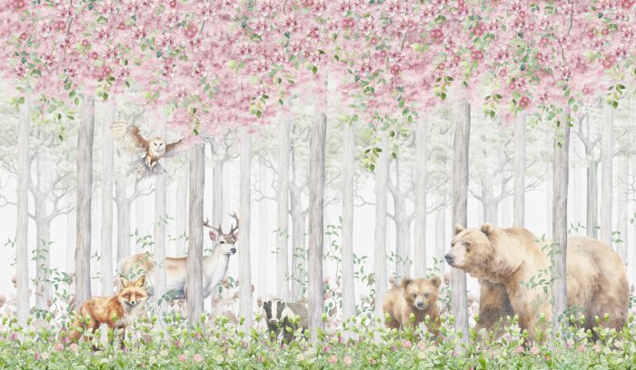 Papier peint  Animaux dans une forêt féerique en fleurs aquarelle