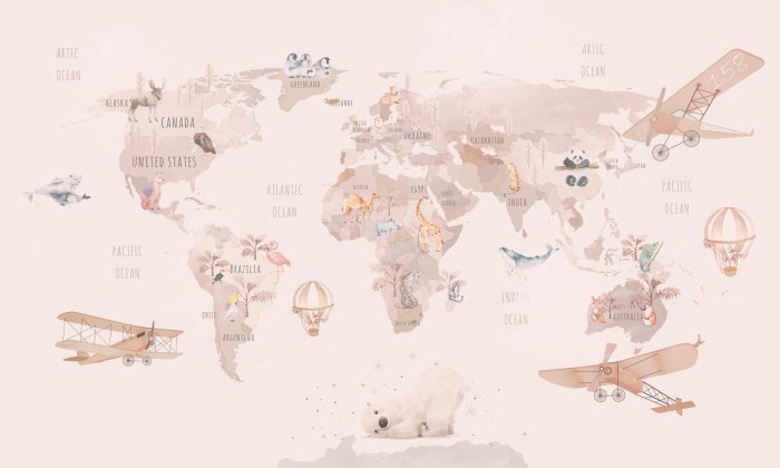 Papier peint  Animaux de différents continents sur une carte du monde en aquarelle