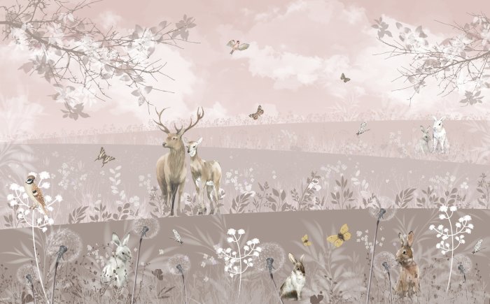 Papier peint  Paysage de clairière sauvage avec un cerf et des animaux de la forêt