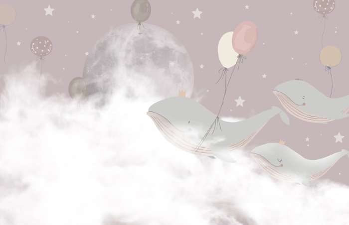 Papier peint  Baleines avec des ballons sur fond de ciel rose