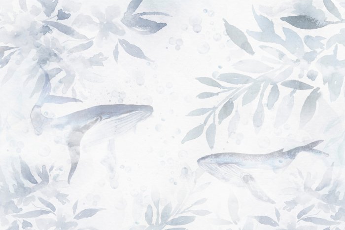 Papier peint  Feuilles bleues et baleines dans un style aquarelle délicat