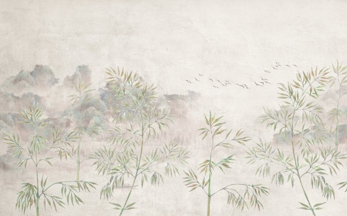 Papier peint  Bambou avec des oiseaux volants sur un fond texturé