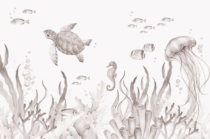 Papier peint  Monde sous-marin avec animaux marins illustration aquarelle pour enfants