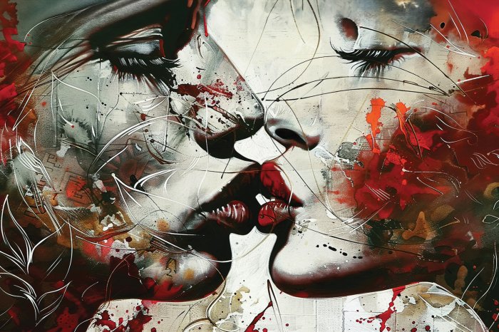 Papier peint  Fresque artistique d'un baiser de femmes en rouge