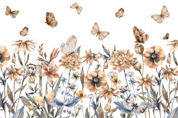 Papier peint  Papillons et fleurs des champs prairie aquarelle sur fond clair