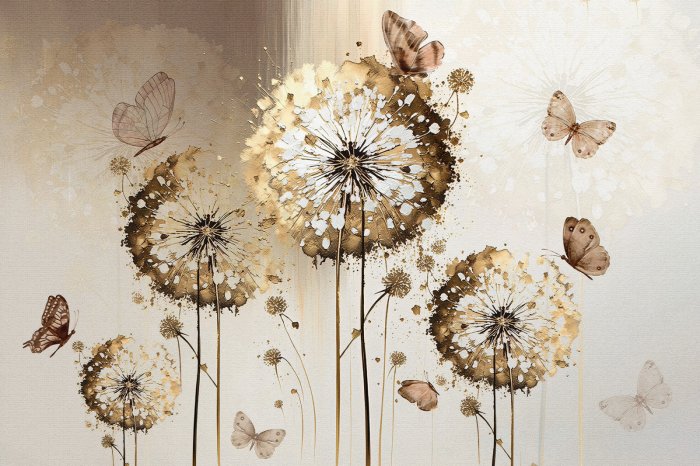Papier peint  Fleurs pissenlits et papillons sur fond texturé motif élégant