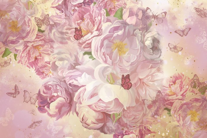 Papier peint  Fleurs roses et papillons motif en style peinture