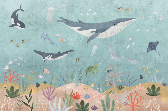 Papier peint  Baleines poissons et plantes dans un monde sous-marin coloré illustration pour enfants