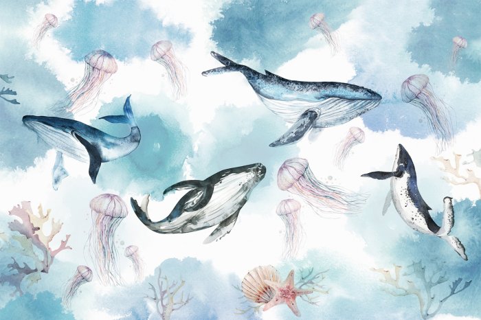 Papier peint  Motif aquarelle pour enfants avec baleines méduses et récif corallien